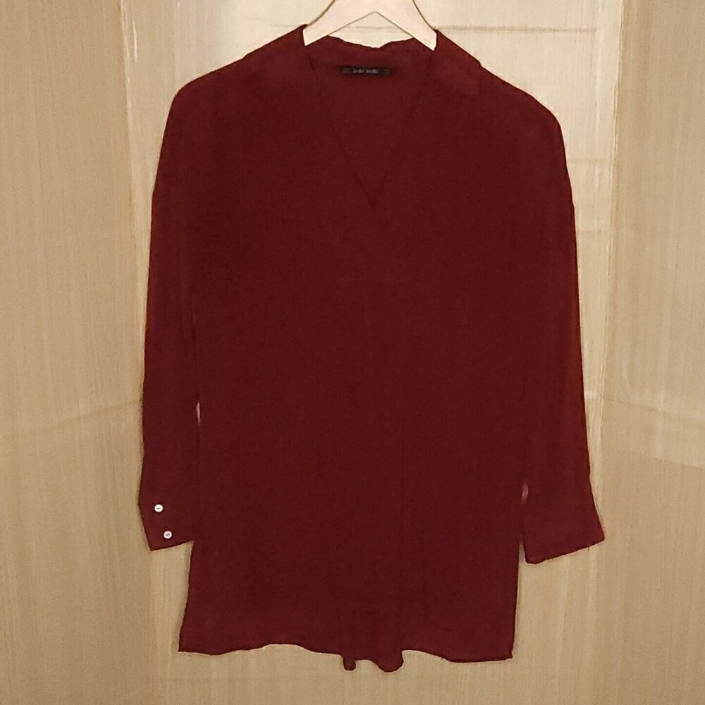 Zara Basic Maroon Red Tunic Long Sleeve Silky Oversized Blouse Small